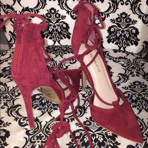 new red velvet pointed toe lace up heels